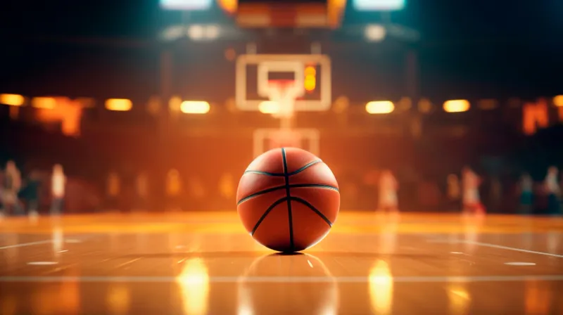 Bola de basquete parada no piso da quadra iluminada com a cesta ao fundo, tema de apostas em basquete