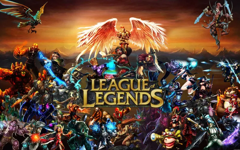 Arte de League of Legends com o logo do jogo e vários campeões, tema das apostas em LoL e eSports