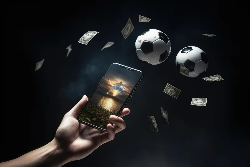 Mão segurando celular com bolas de futebol e notas no ar, o futuro das apostas online em casa