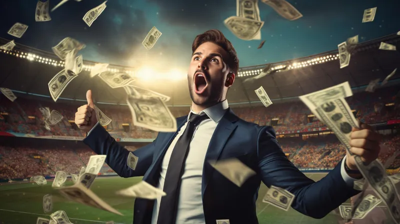 Homem de terno comemora em estádio com notas de dinheiro no ar, guia de apostas para iniciantes
