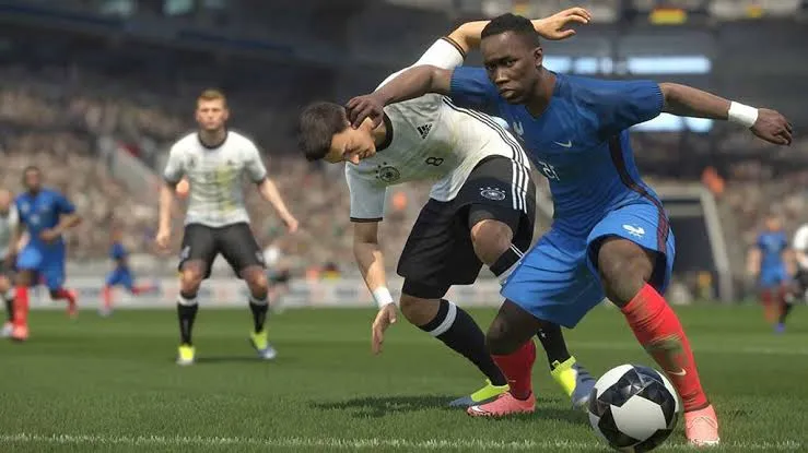 Cena de futebol virtual com jogadores da França e da Alemanha disputando a bola, tema de apostas virtuais em futebol
