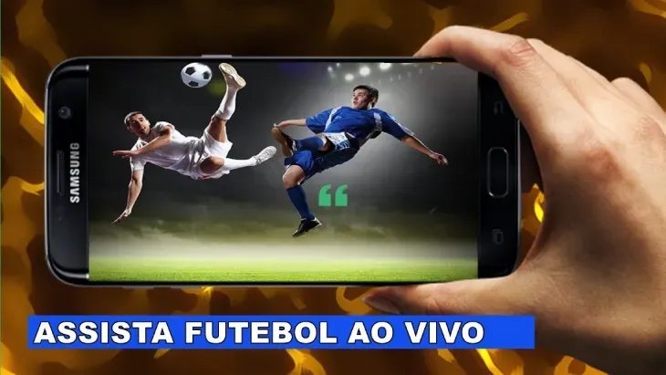 Celular Samsung exibindo lance de bicicleta e a faixa “Assista futebol ao vivo”, para assistir futebol ao vivo no app
