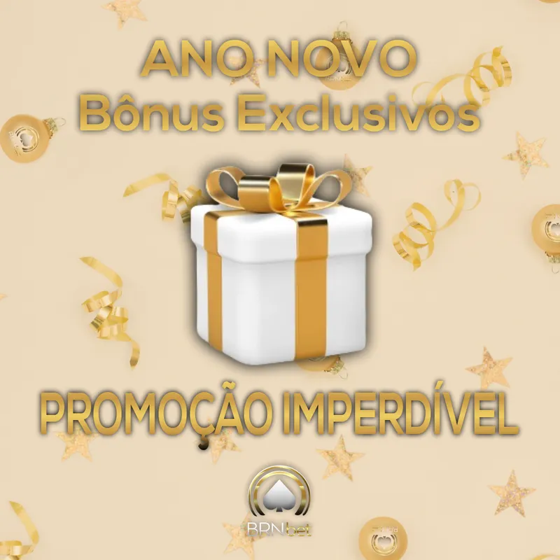 Banner BRNBET com caixa de presente dourada e os textos Ano Novo Bônus Exclusivos e Promoção Imperdível