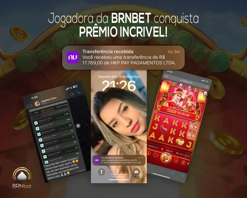 Banner Jogadora da BRNBET conquista prêmio, com selfie de Alice, aviso de Pix e ganho no slot Double Fortune