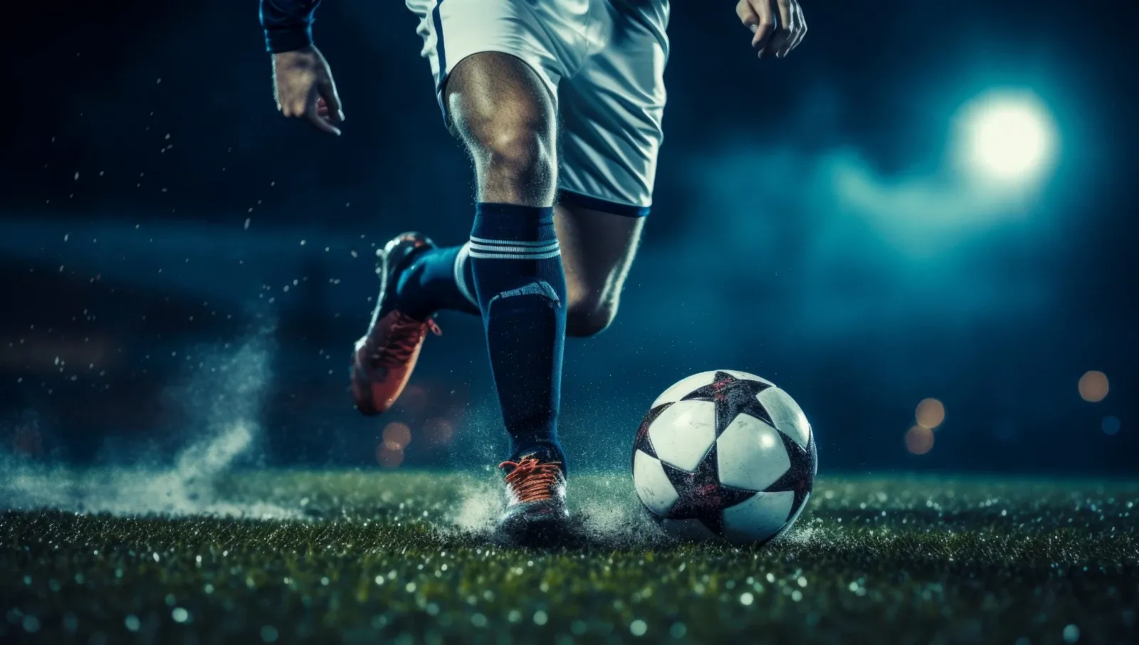 Jogador conduz a bola no gramado à noite, capa do passo a passo para Esporte Bet entrar e apostar