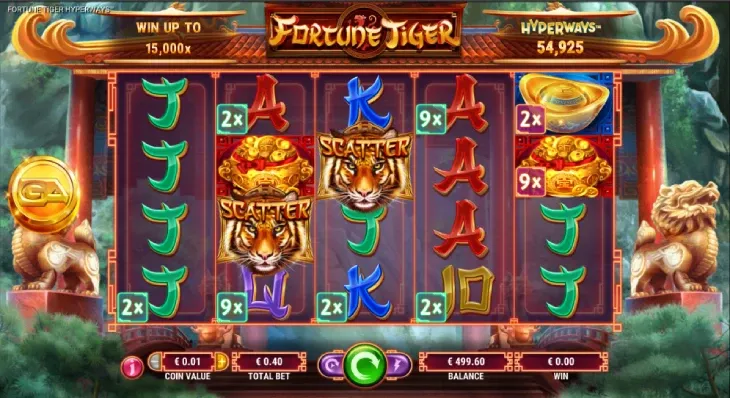 Tela do slot Fortune Tiger Hyperways com rolos, scatters de tigre e valor da aposta, exemplo de Fortune Tiger bet