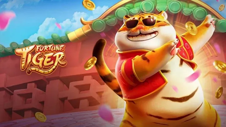 Tigre de óculos escuros dançando entre moedas ao lado do logo, jogo que tem Fortune Tiger demo grátis