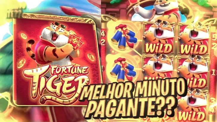Capa do jogo e rolos com símbolos Wild sob o texto “Melhor minuto pagante??”, sobre o Fortune Tiger site oficial