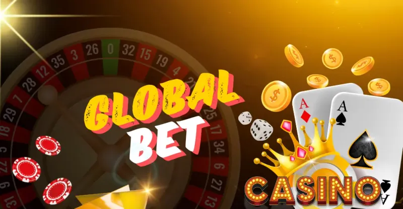 Banner Global Bet com roleta, fichas, moedas, cartas e letreiro Casino