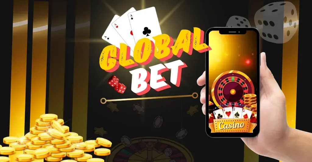 Banner Global Bet com mão segurando celular que mostra uma roleta de cassino, ao lado de moedas e cartas