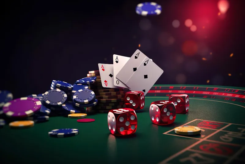 Jogos de cassino: fichas, dados vermelhos e ases de baralho sobre a mesa de roleta
