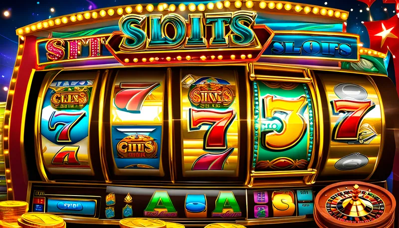 Máquina caça-níquel colorida com rolos de números 7, letreiro Slots e roleta, ilustrando jogos de slots