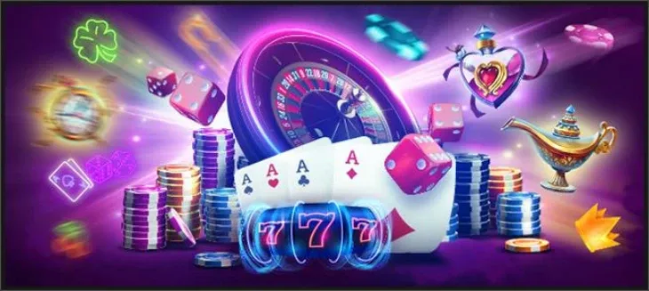 Ilustração de cassino com roleta, fichas, ases, dados e slot 777 em neon roxo, tema do guia Lobo 8888
