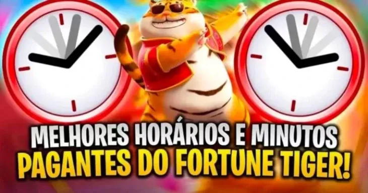 Tigre entre dois relógios, com legenda sobre minutos pagantes, ilustra o melhor horário para jogar Fortune Tiger