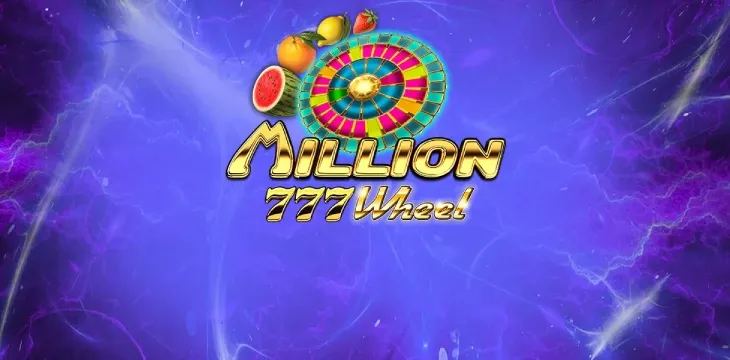 Logo Million 777 Wheel com roda colorida, melancia, laranja e limão em fundo roxo, jogo do Million 777 Slots