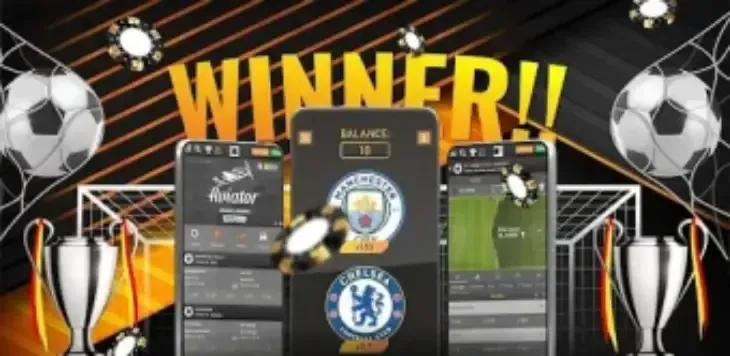 Três celulares com Aviator, aposta em Manchester City x Chelsea e o texto “Winner!!”, ilustrando a Pagbet