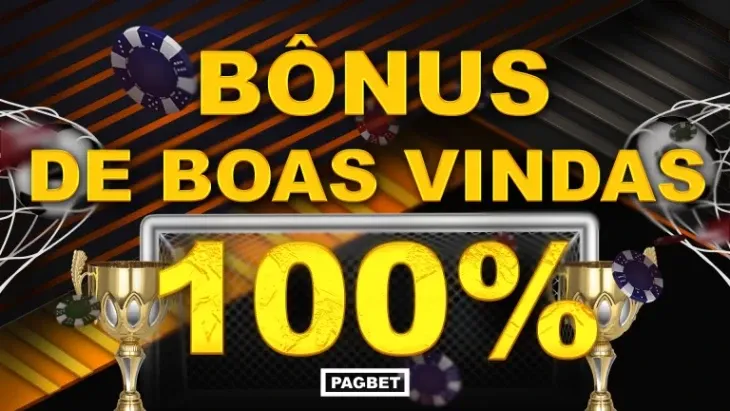 Banner de bônus de boas-vindas de 100% com troféus e redes de gol, capa do guia PGbet