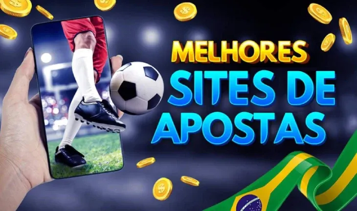 Banner “Melhores sites de apostas” com celular, chuteira, bola e bandeira do Brasil, sobre plataforma de 1 real