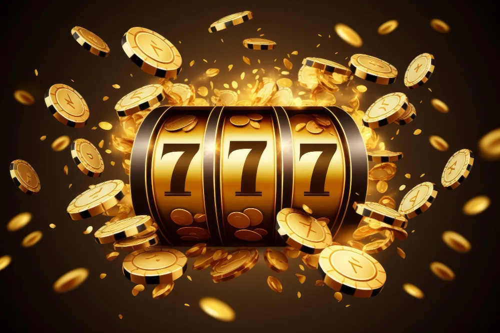Slots online: caça-níquel com rolos marcando 777 cercado por moedas e fichas douradas