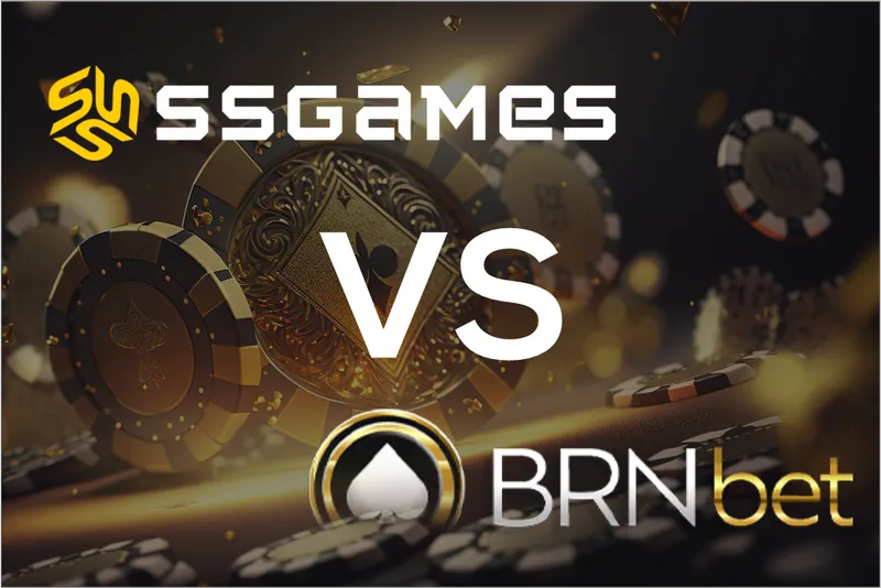 Logos do SSGAMES e da BRNbet separados por VS sobre fichas de cassino douradas