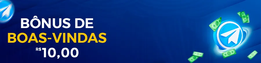 SSSGame bônus de boas-vindas de R$ 10,00, com o ícone do Telegram e notas de dinheiro voando