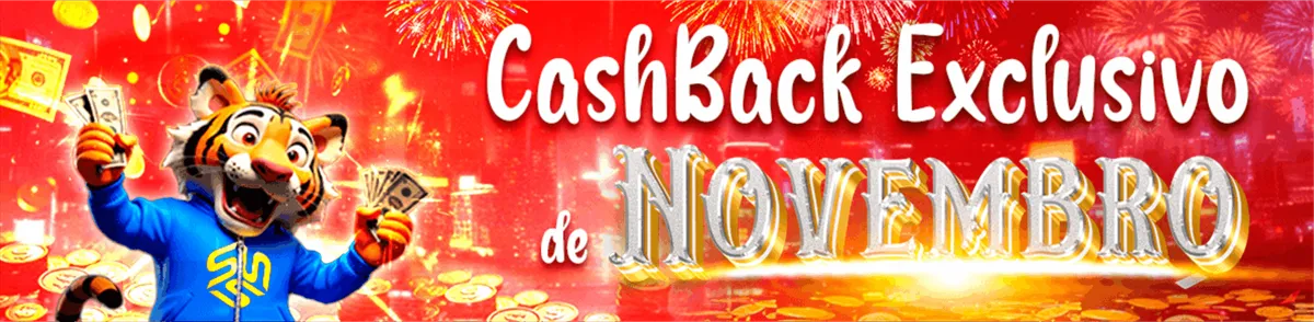 SSSGame bônus: cashback exclusivo de novembro, com tigre de moletom azul segurando notas de dinheiro
